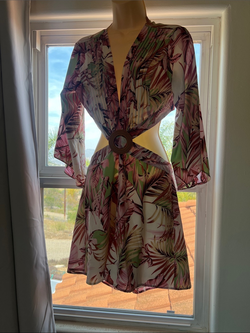 Pink Lily Tropical Leaf Cutout Romper in Pink and Green